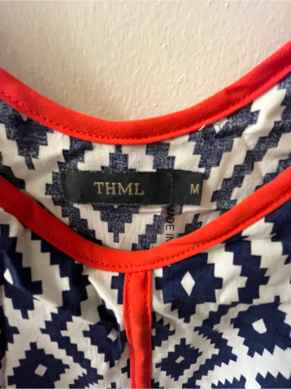 THML Women's Navy and White Geometric Maxi Dress with Red Trim - Picture 4 of 4